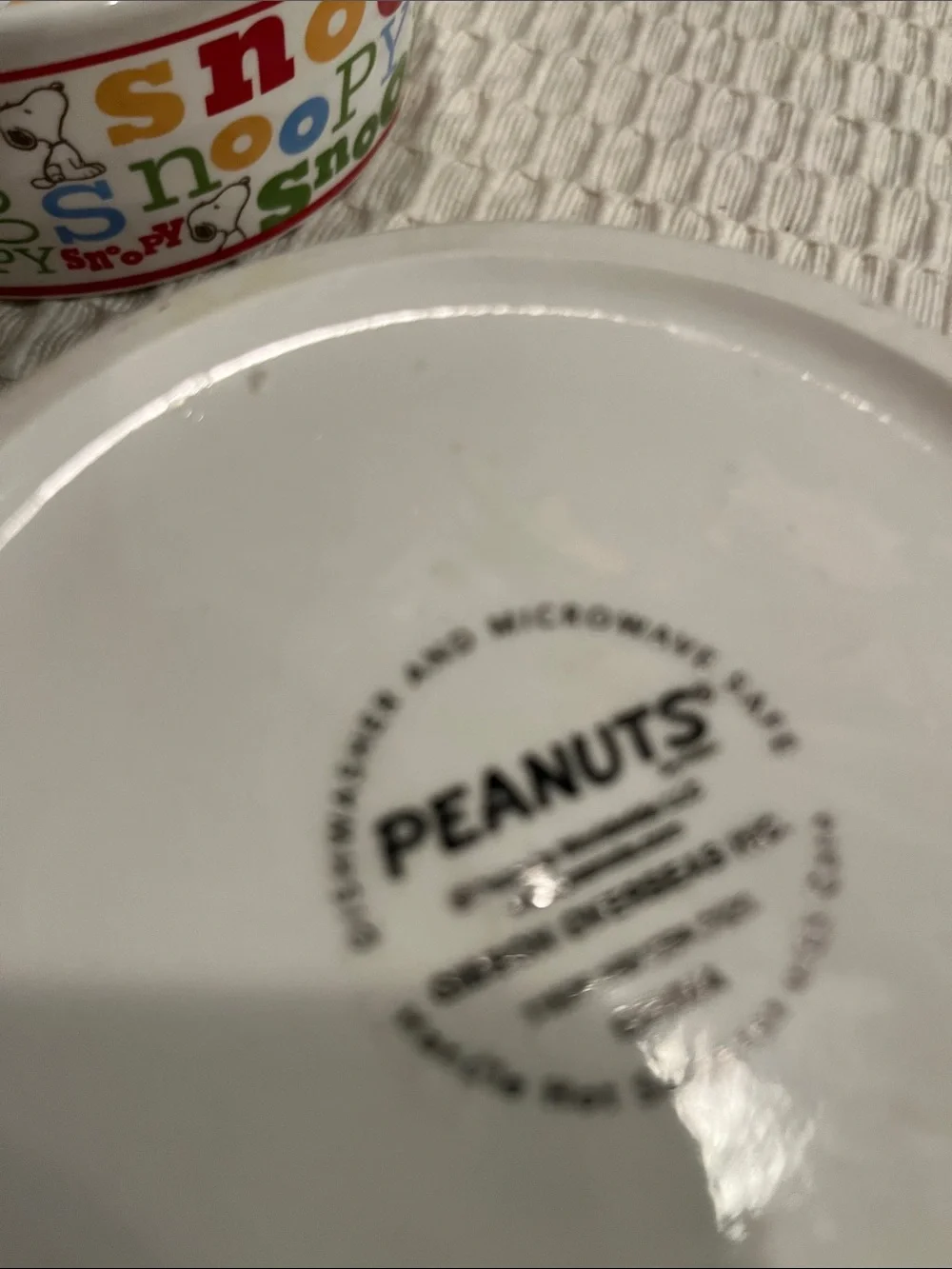 Peanuts Bowl Pair — White with Red, Yellow, Green, Blue, Orange Lettering